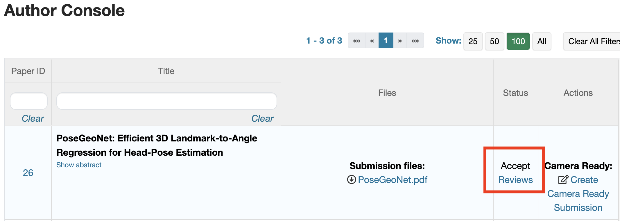CMT Author Console submission view with review access